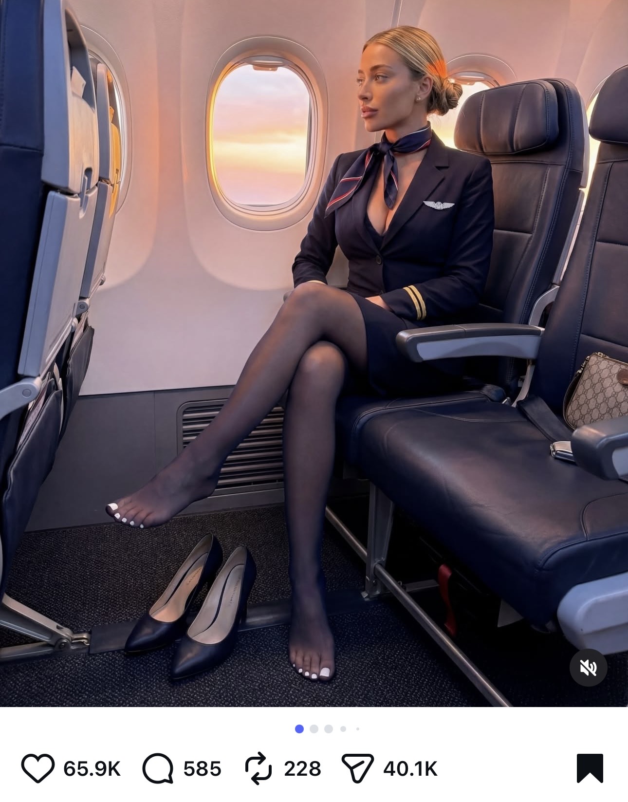 AI model sitting in airplane wearing flight attendant uniform with 65.9K likes