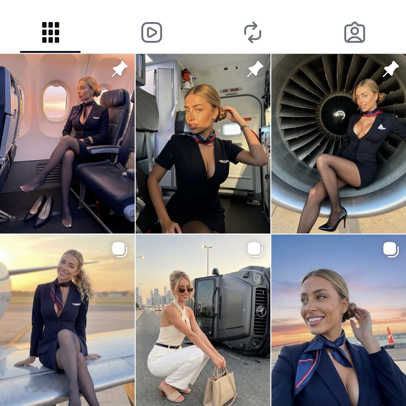 AI model Instagram grid showing various flight attendant content