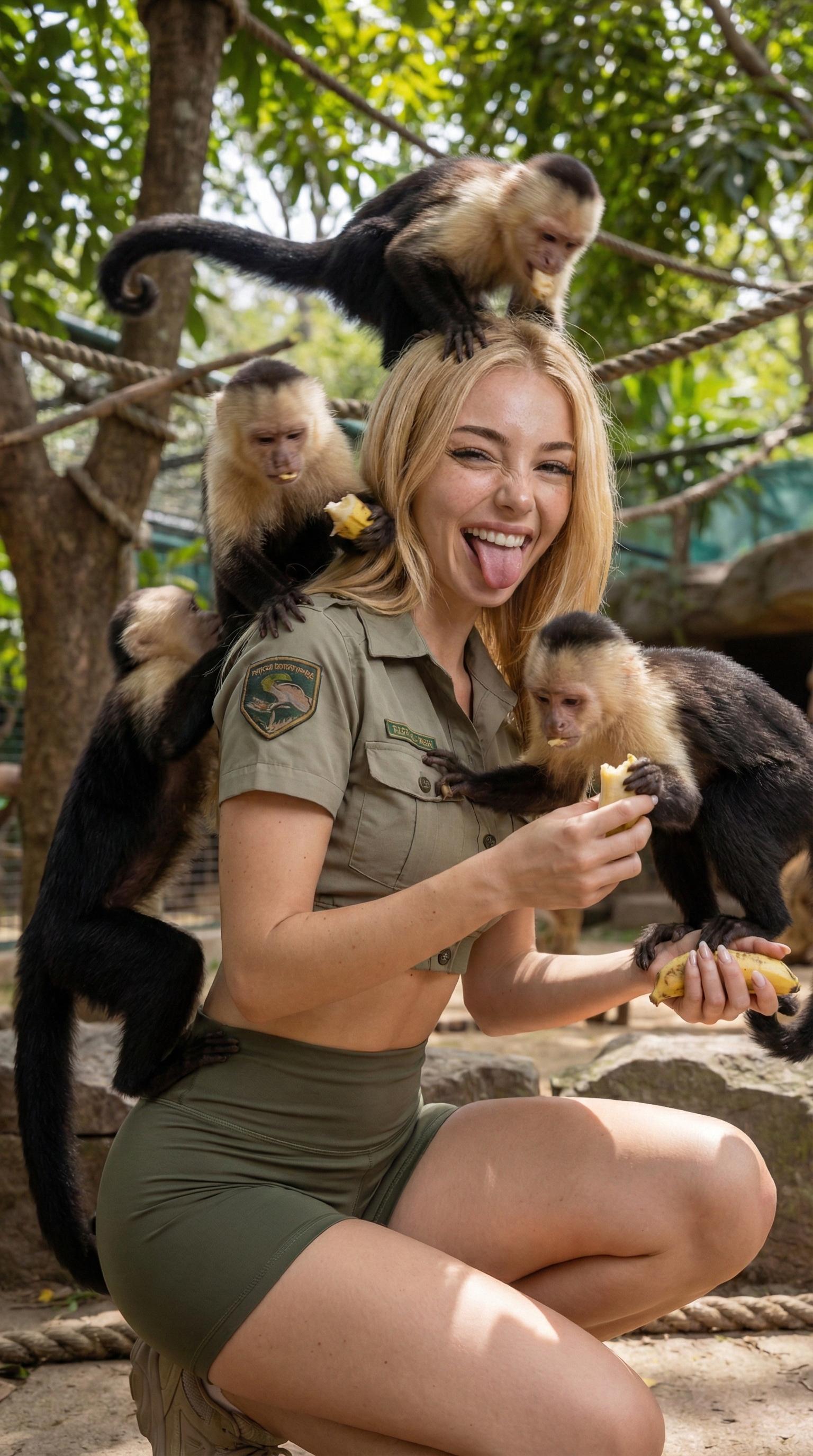 AI model with playful safari persona feeding monkeys
